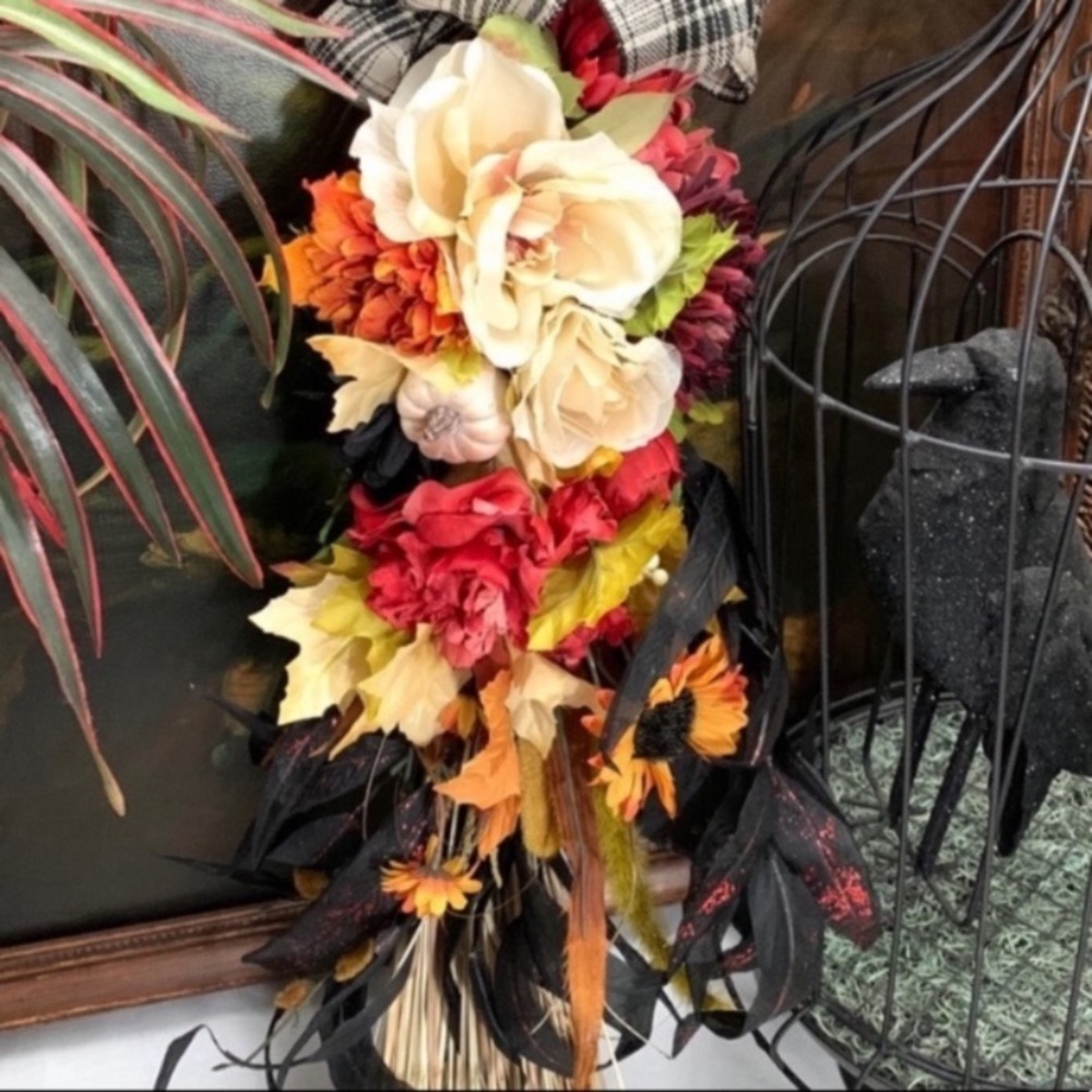 Handcrafted Fall floral decorated broom with a black & cream plaid bow - Picture 3 of 6